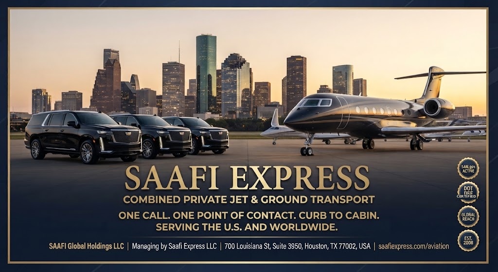 Saafi Express, combined private jet and ground transport, one call one point of contact, serving the U.S. and worldwide